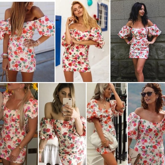 NWT ZARA THE CAROLINE DRESS S MINI FLORAL OFF SHOULDER PUFF SLEEVE Blogger Fave - Picture 7 of 16